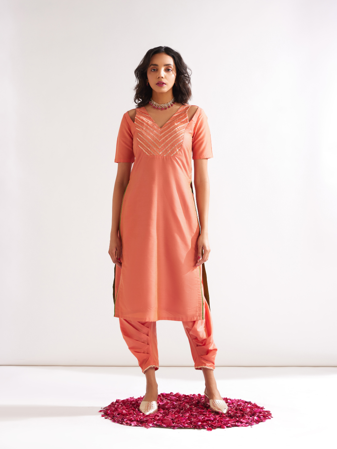 Shoulder cut-out kurta highlighted with gota patti yoke- Peach