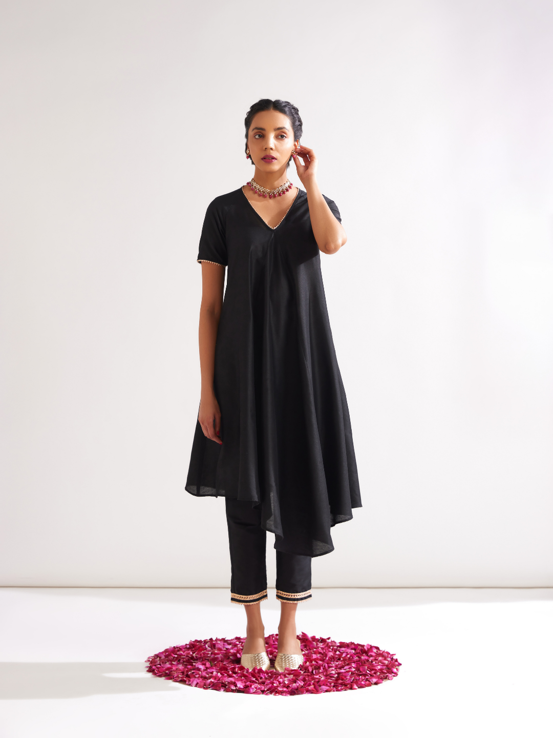 Gulmohar Petal kurta highlighted with gota patti- Rich black