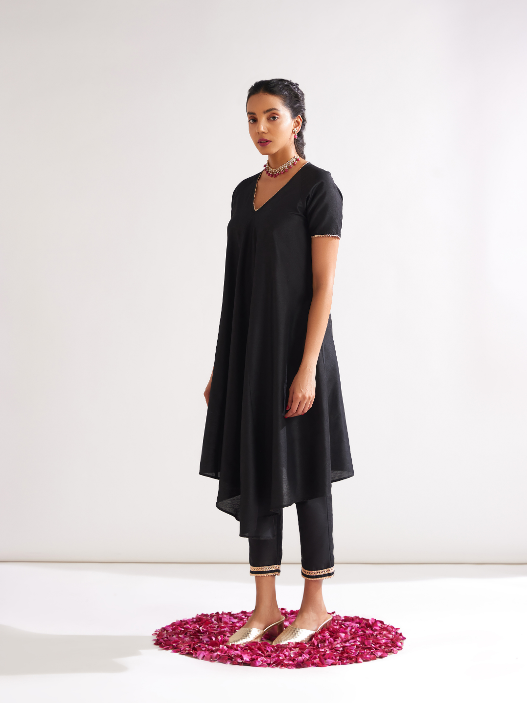 Gulmohar Petal kurta highlighted with gota patti- Rich black