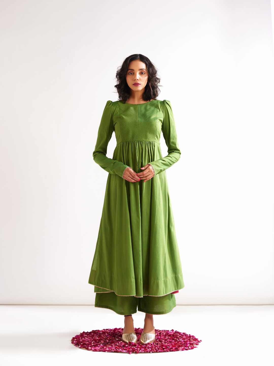 Pintucked yoke flared kurta with churidaar sleeves- Pepper Green