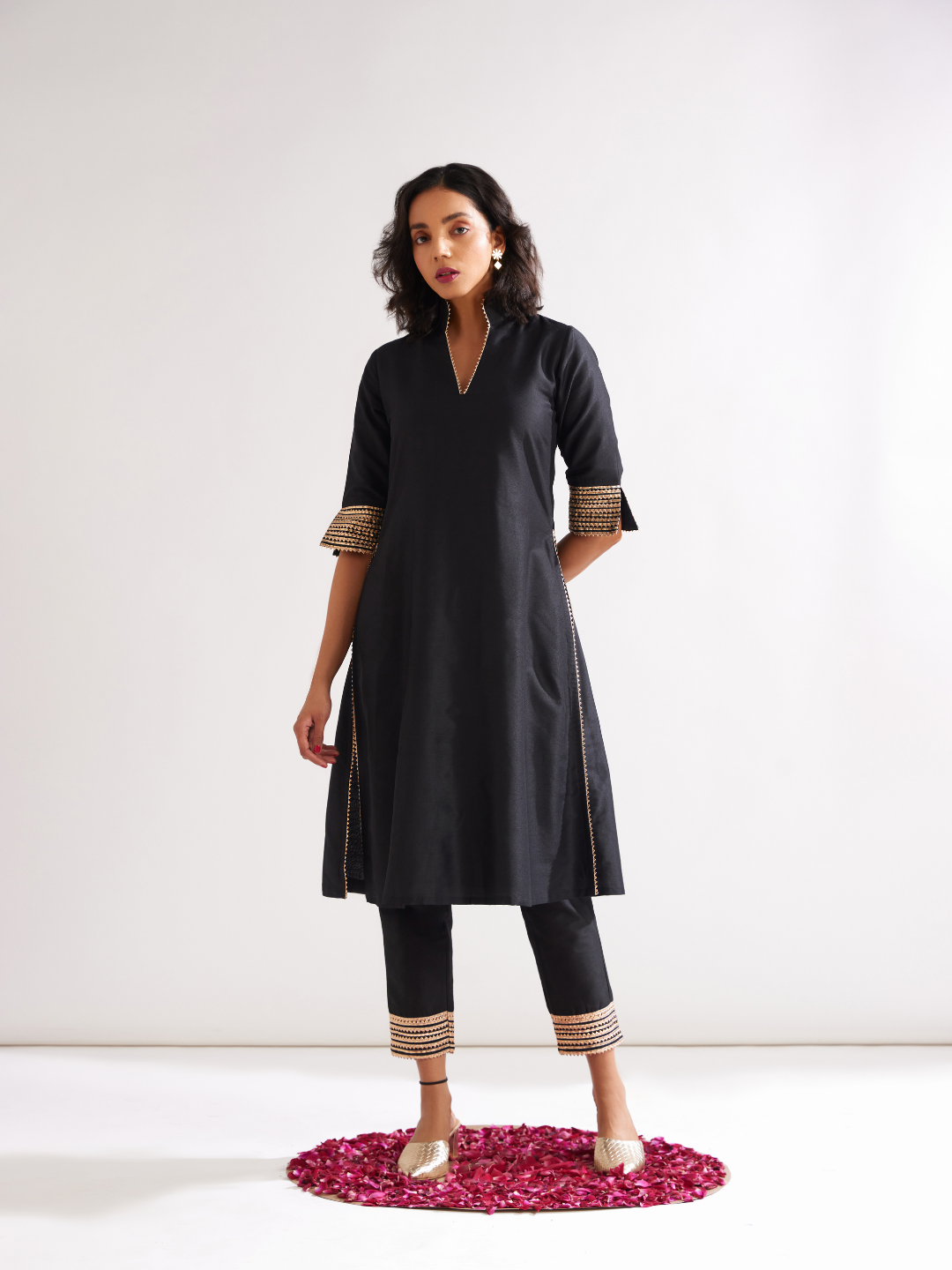 Stand collar straight kurta highlighted with gota patti- Rich black