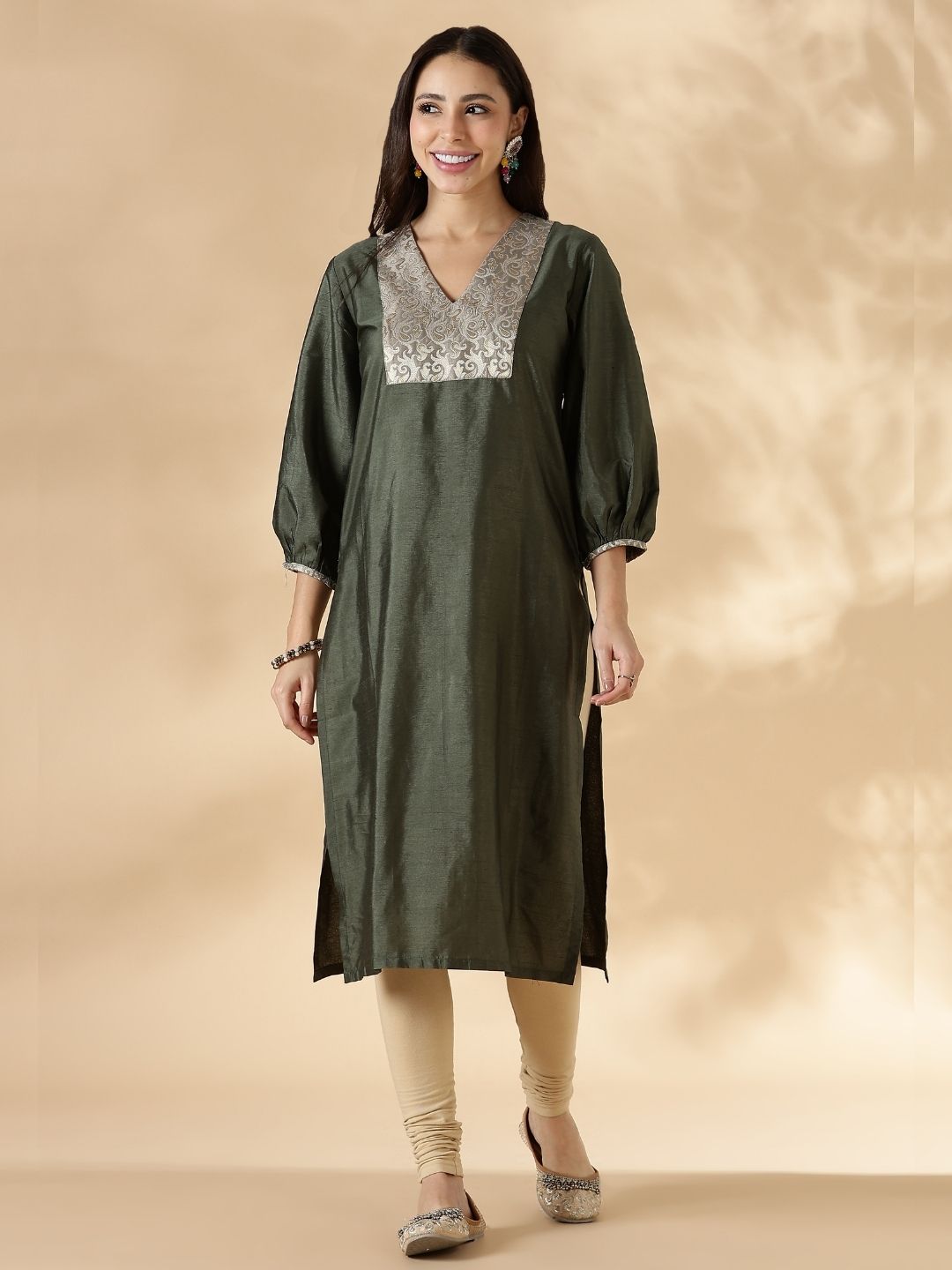 Olive Green V Neck Kurta with Brocade Accent and Balloon Sleeves.