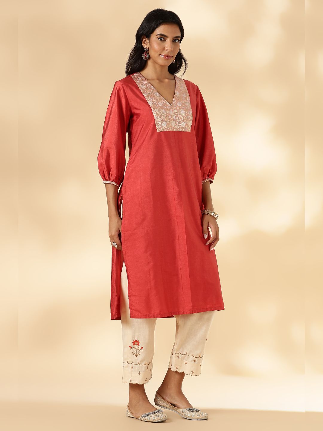 Rust Orange V Neck Kurta with Brocade Accent and Balloon Sleeves