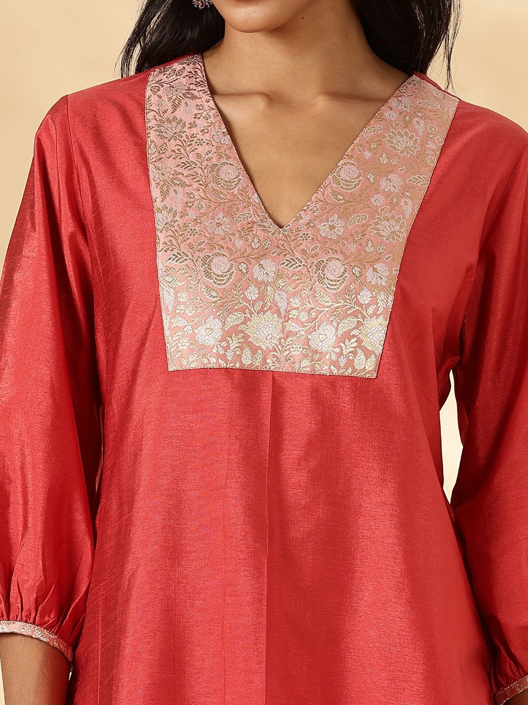 Rust Orange V Neck Kurta with Brocade Accent and Balloon Sleeves