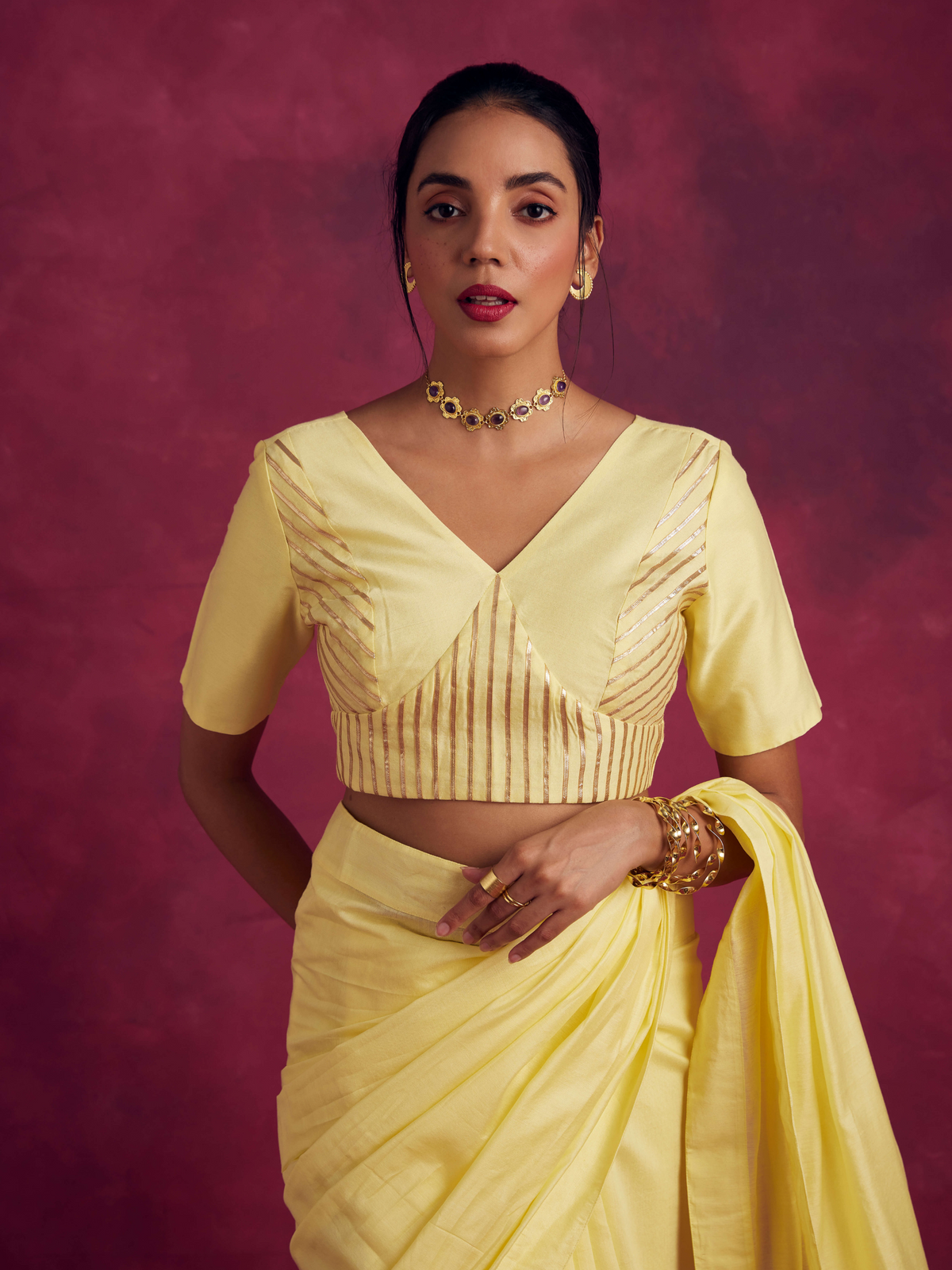 Banarasi blouse with gota patti detail- Lemon yellow