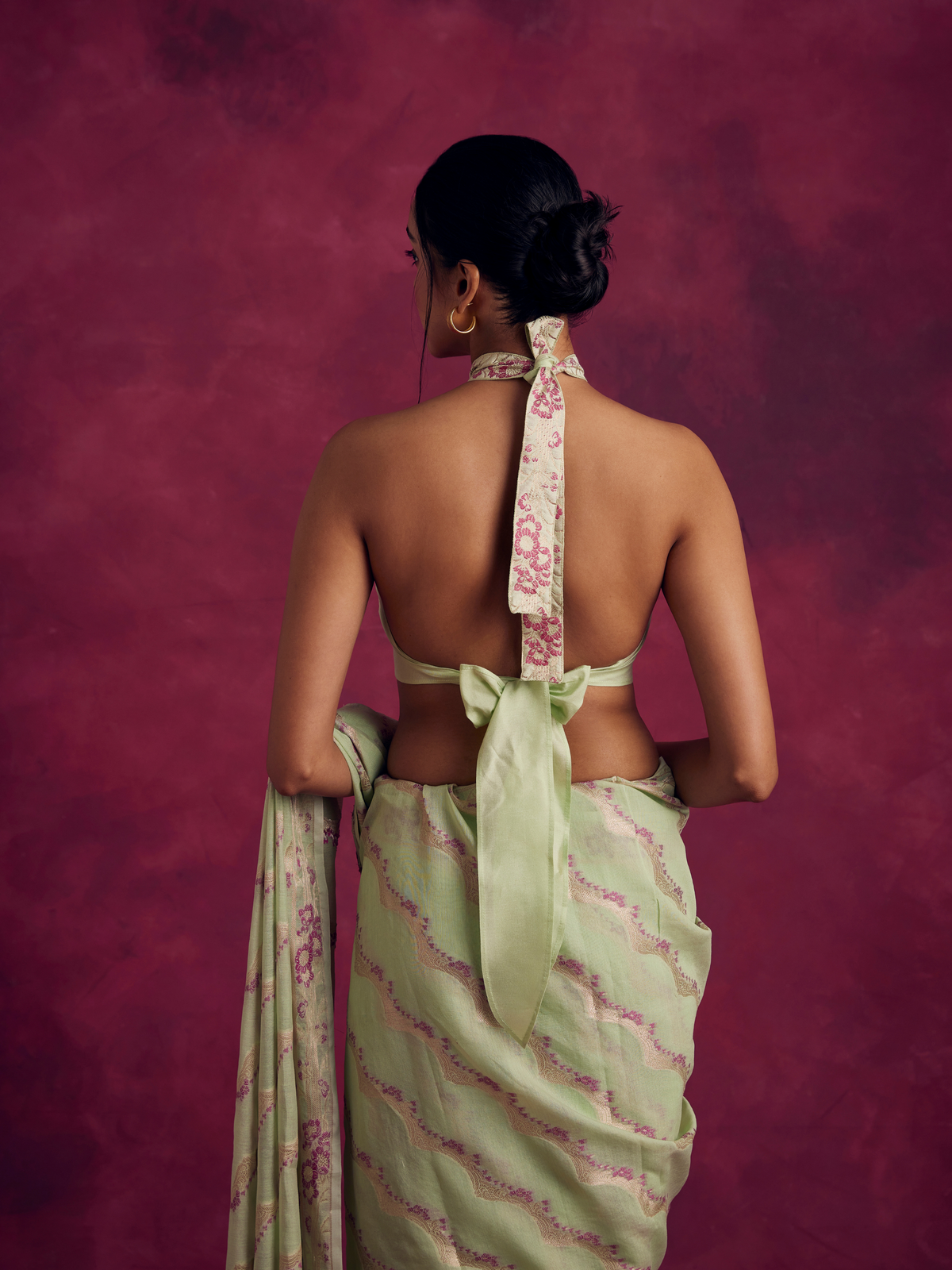 Zari border halter neck blouse- Pistachio green