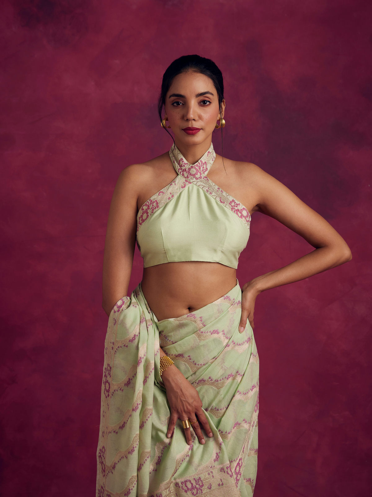 Zari border halter neck blouse- Pistachio green