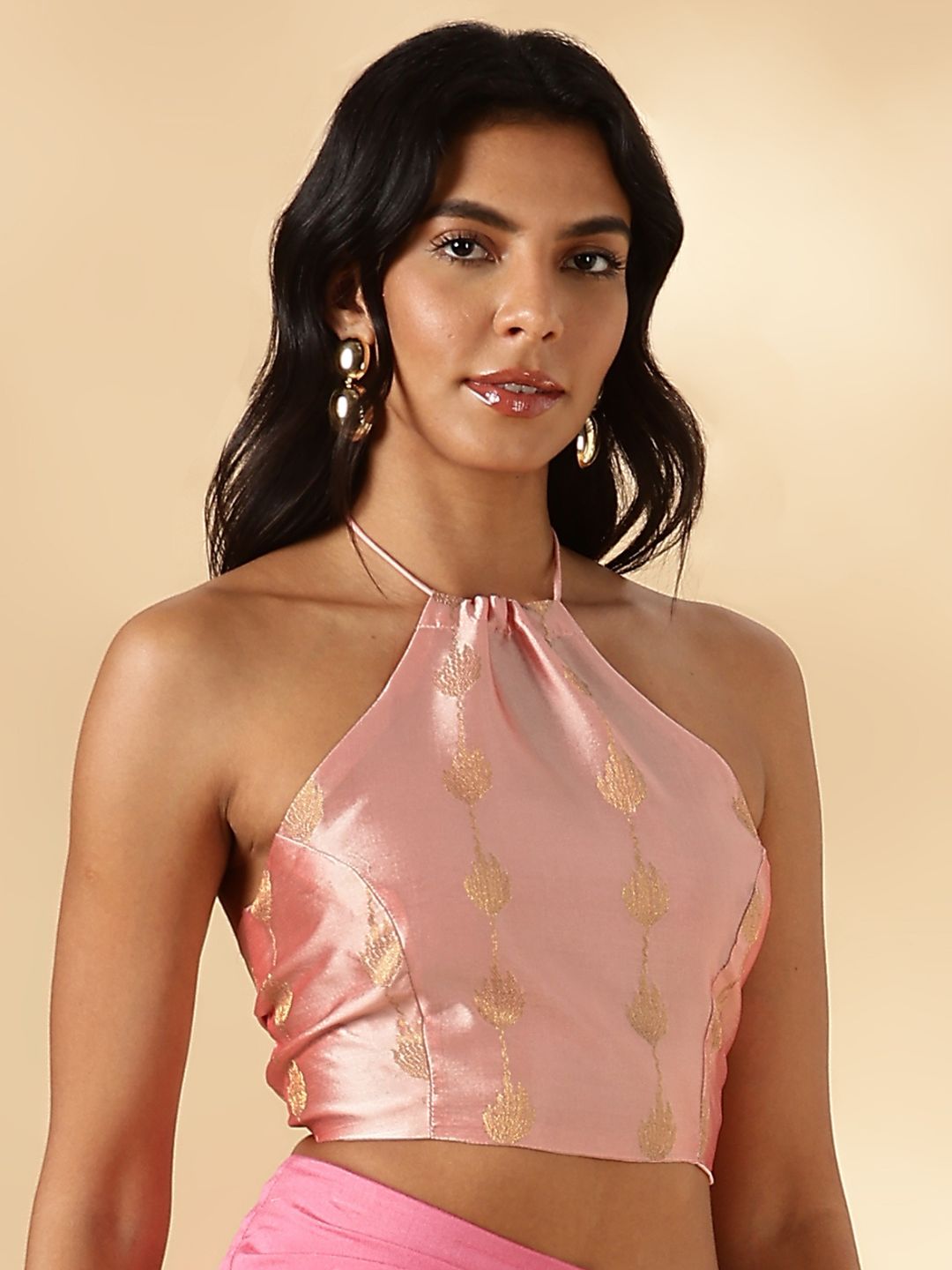 Halter neck crisscross back tie up blouse- Pink