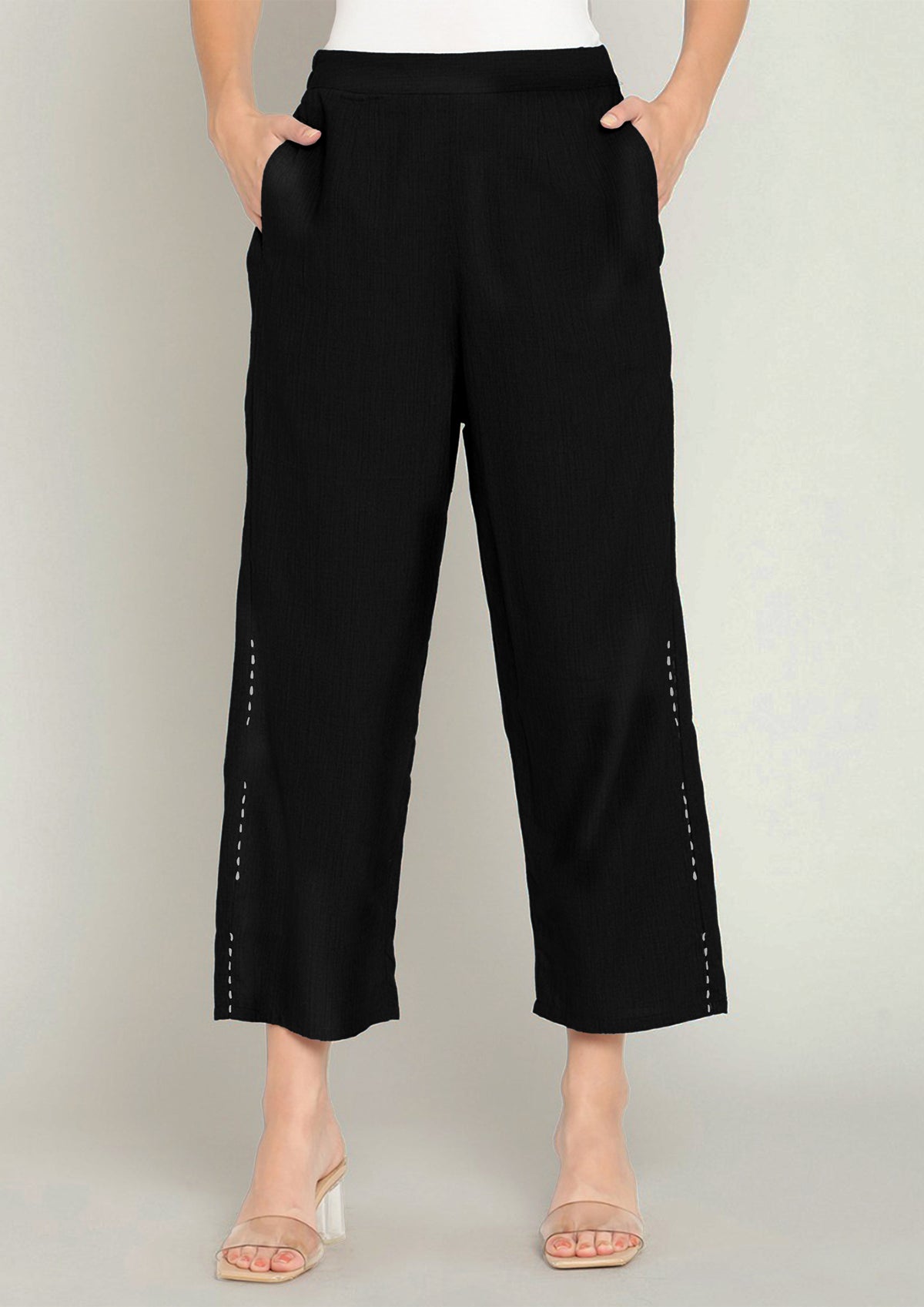 Black Cotton Straight Pants With Elasticated Waist