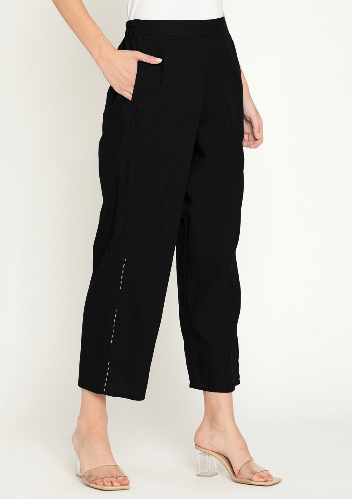 Black Cotton Straight Pants With Elasticated Waist