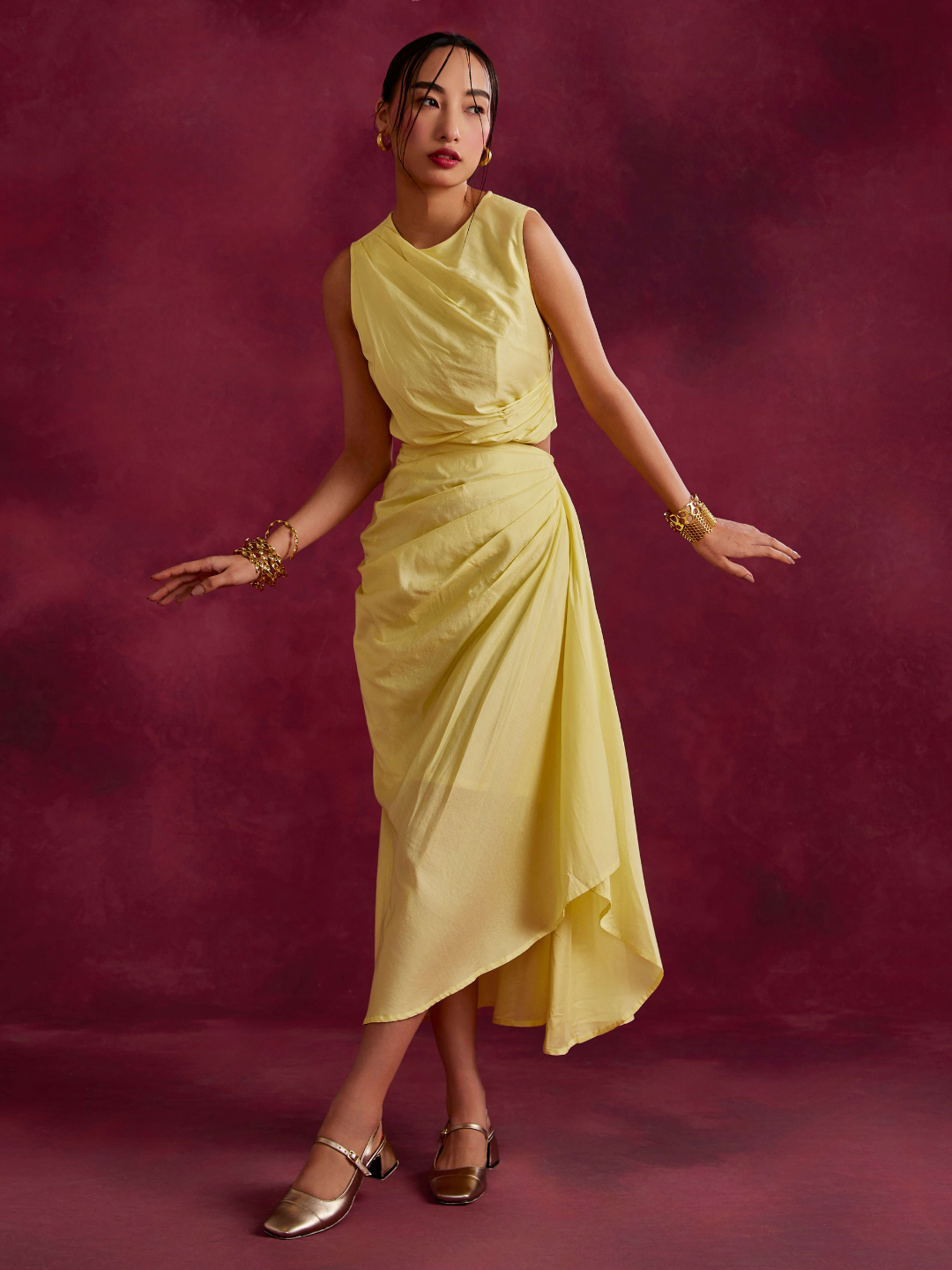 Pleated asymmetric drape skirt- Lemon yellow