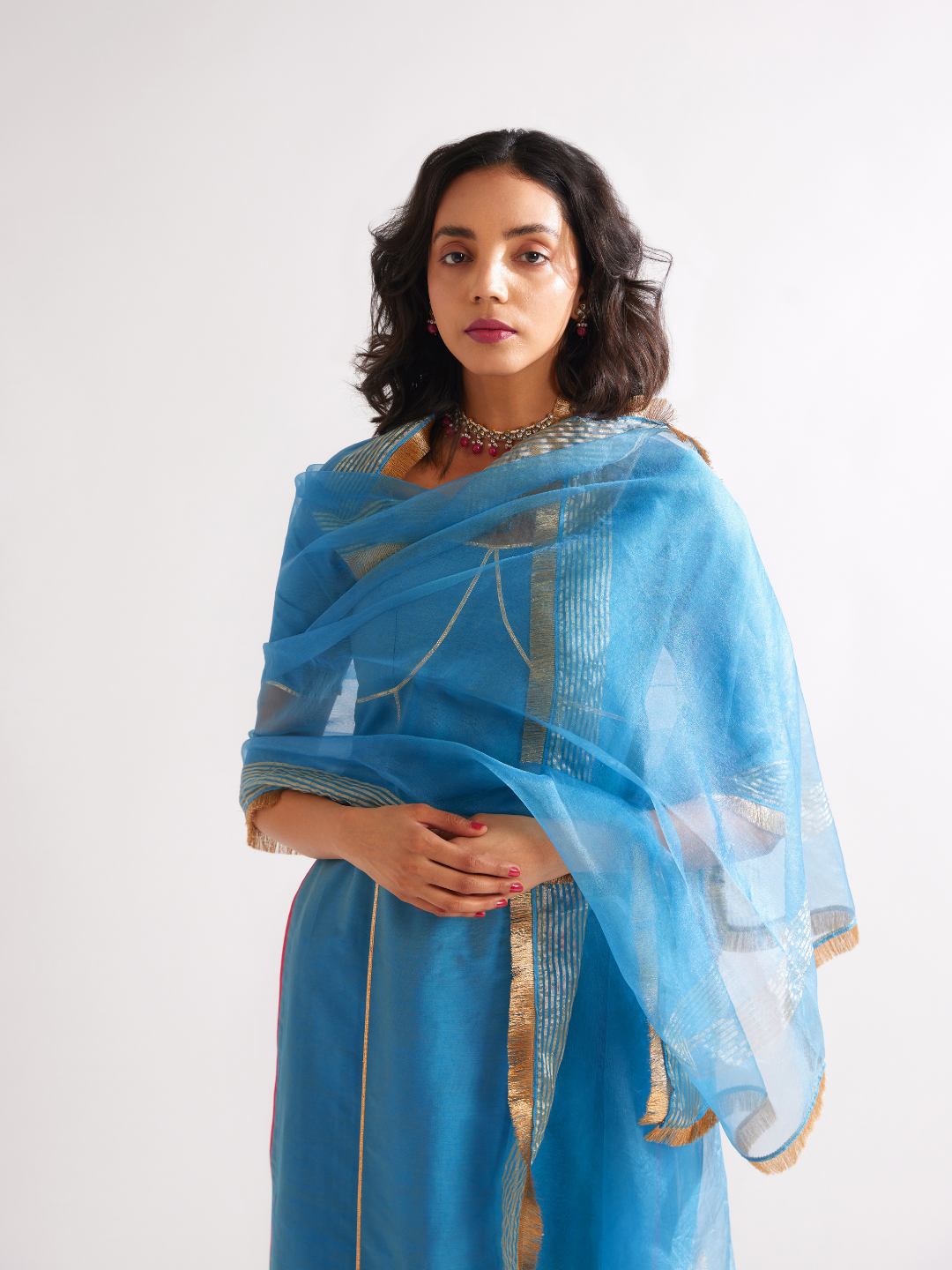 Banarasi dupatta adorned with gota lace- Blue moon