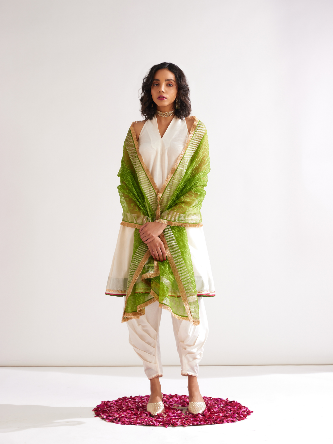 Banarasi checks dupatta adorned with gota lace- Pepper green