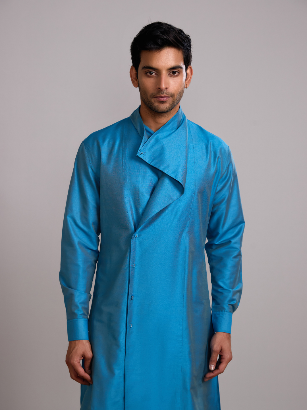 Overlap Drape neck kurta paired with side pleated pants- Blue moon