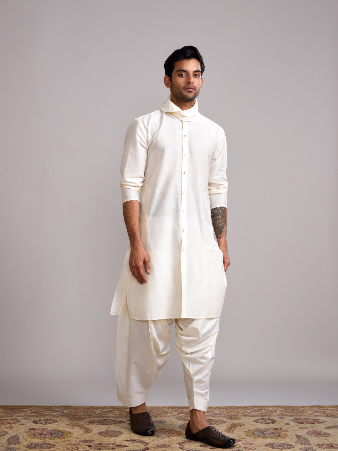 Cowl neck straight kurta paired with salwar- Ivory