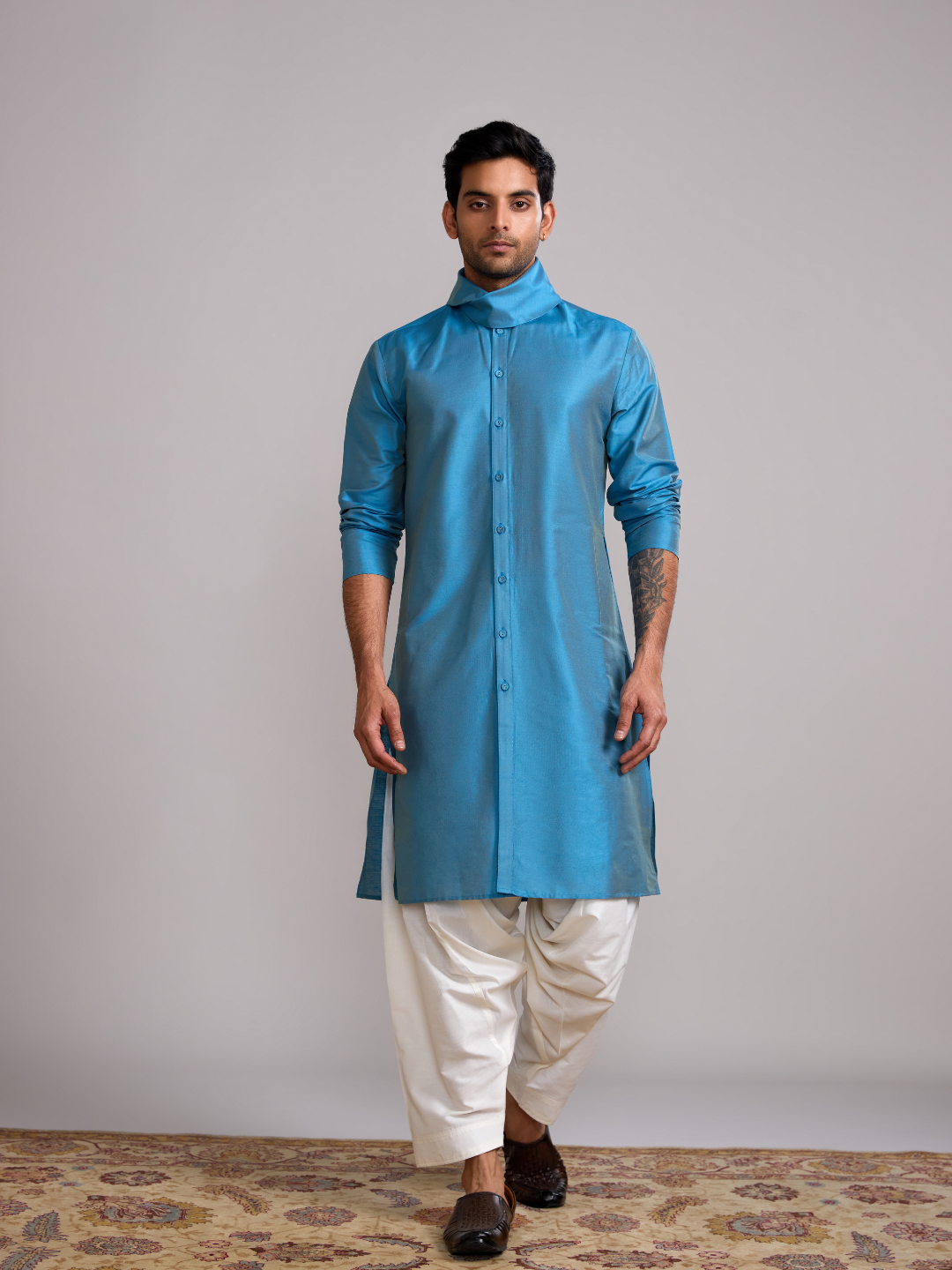 Cowl neck straight kurta paired with salwar- Blue moon