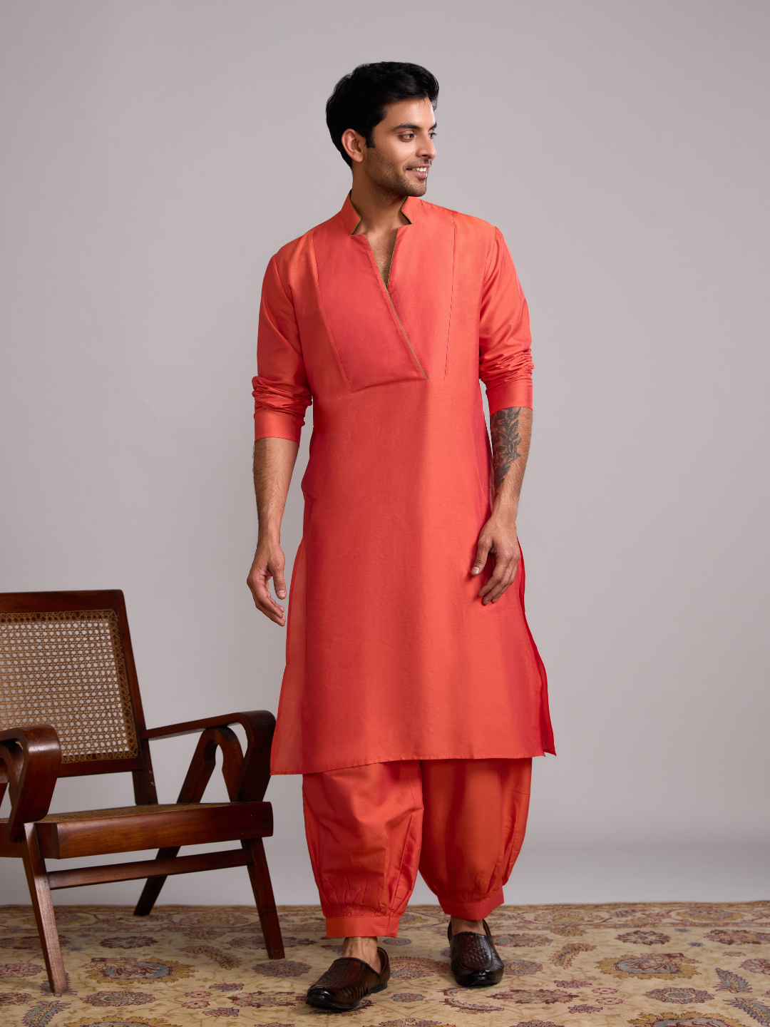 Classic collar straight kurta paired with pathani pants- Spicy orange