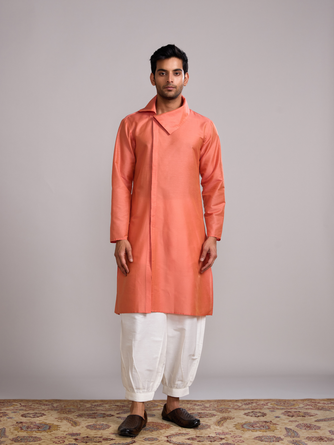 Classic collar straight kurta paired pathani pants- Peach fuzz