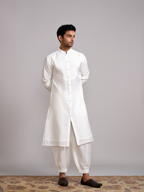 Pintuck neck yoke straight kurta paired with pathani pants- Ivory