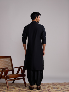 Pintuck neck yoke straight kurta paired with pathani pants- Rich black