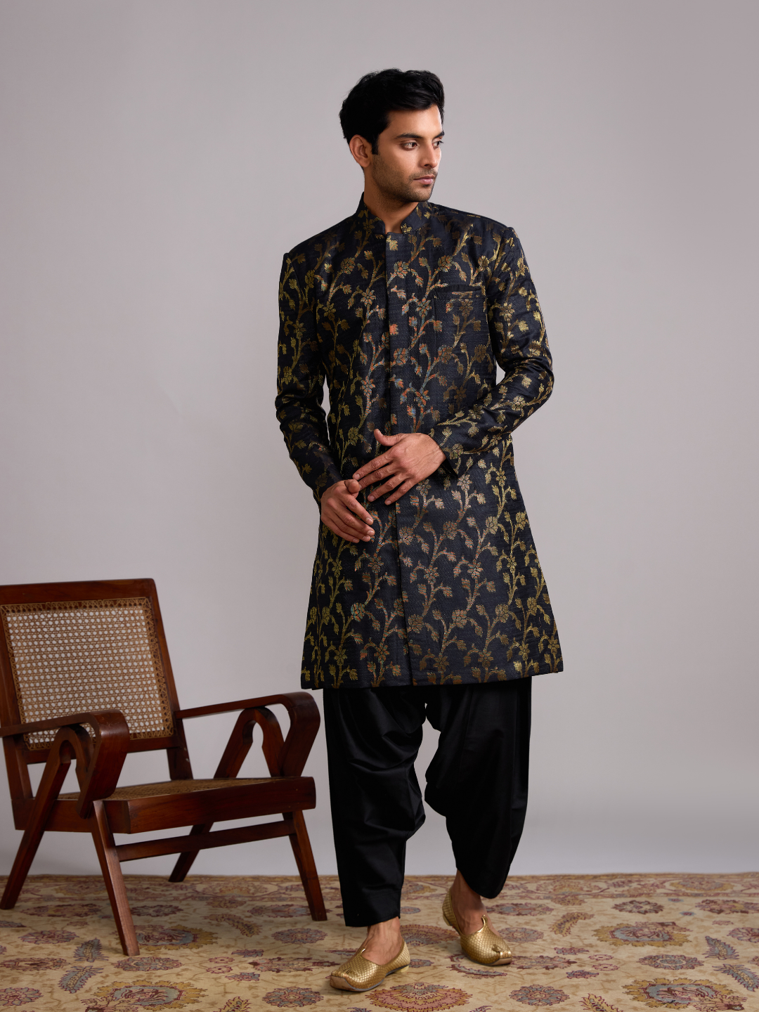 Banarasi Baswada Mandarin collar kurta paired with salwar- Rich black