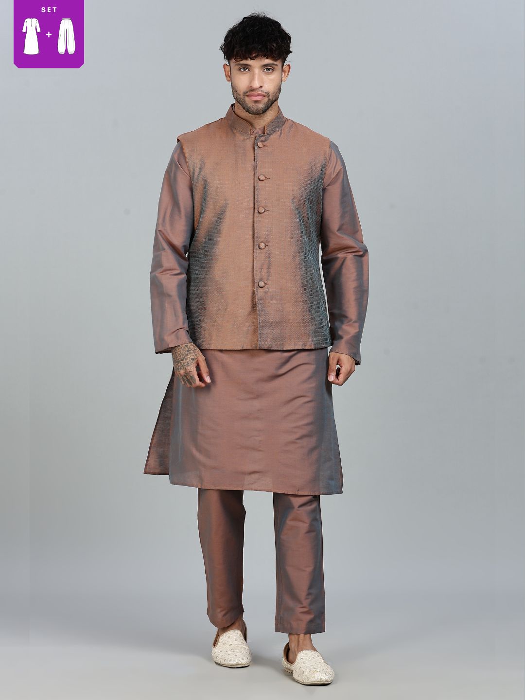 Brown Kurta Pant with orange Woven Design Bandi Set