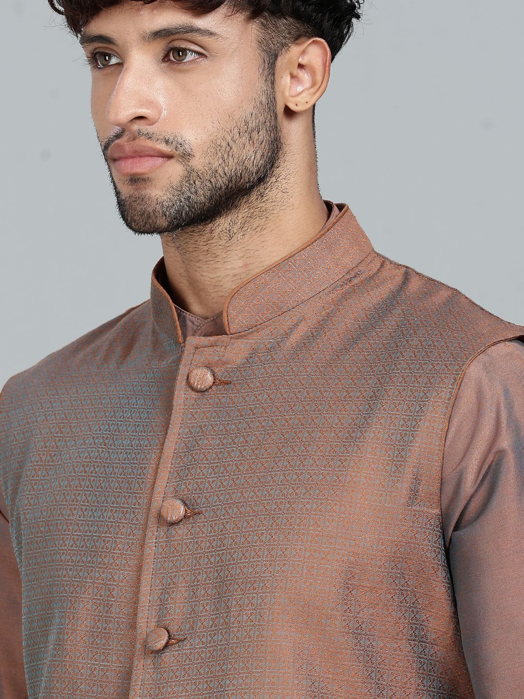 Brown Kurta Pant with orange Woven Design Bandi Set