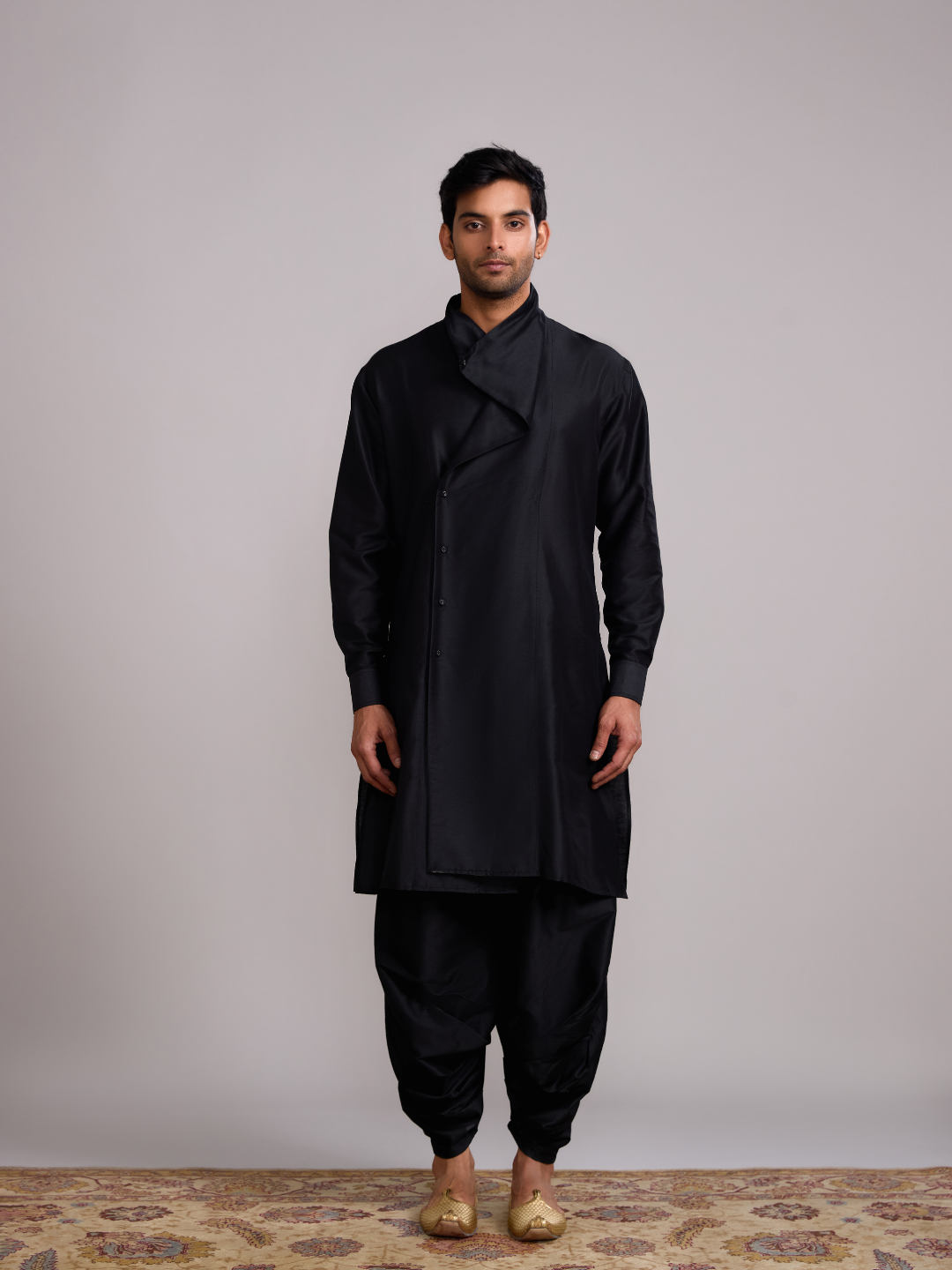 Overlap draped neck kurta- Rich black