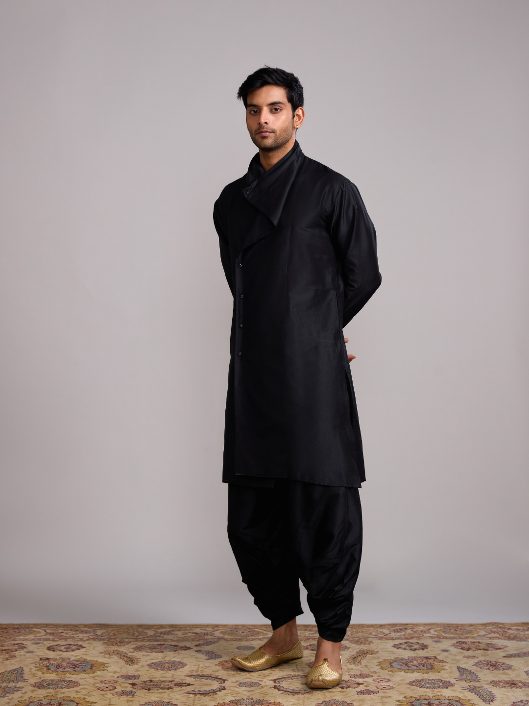 Overlap draped neck kurta- Rich black