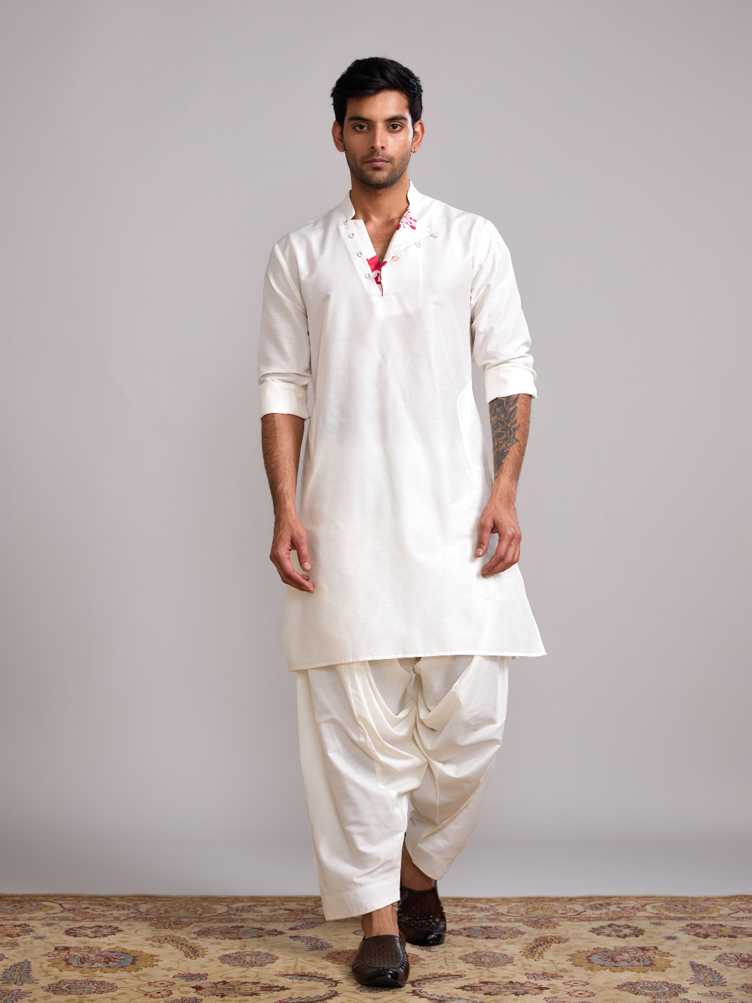 Mandarin collar straight kurta- Ivory