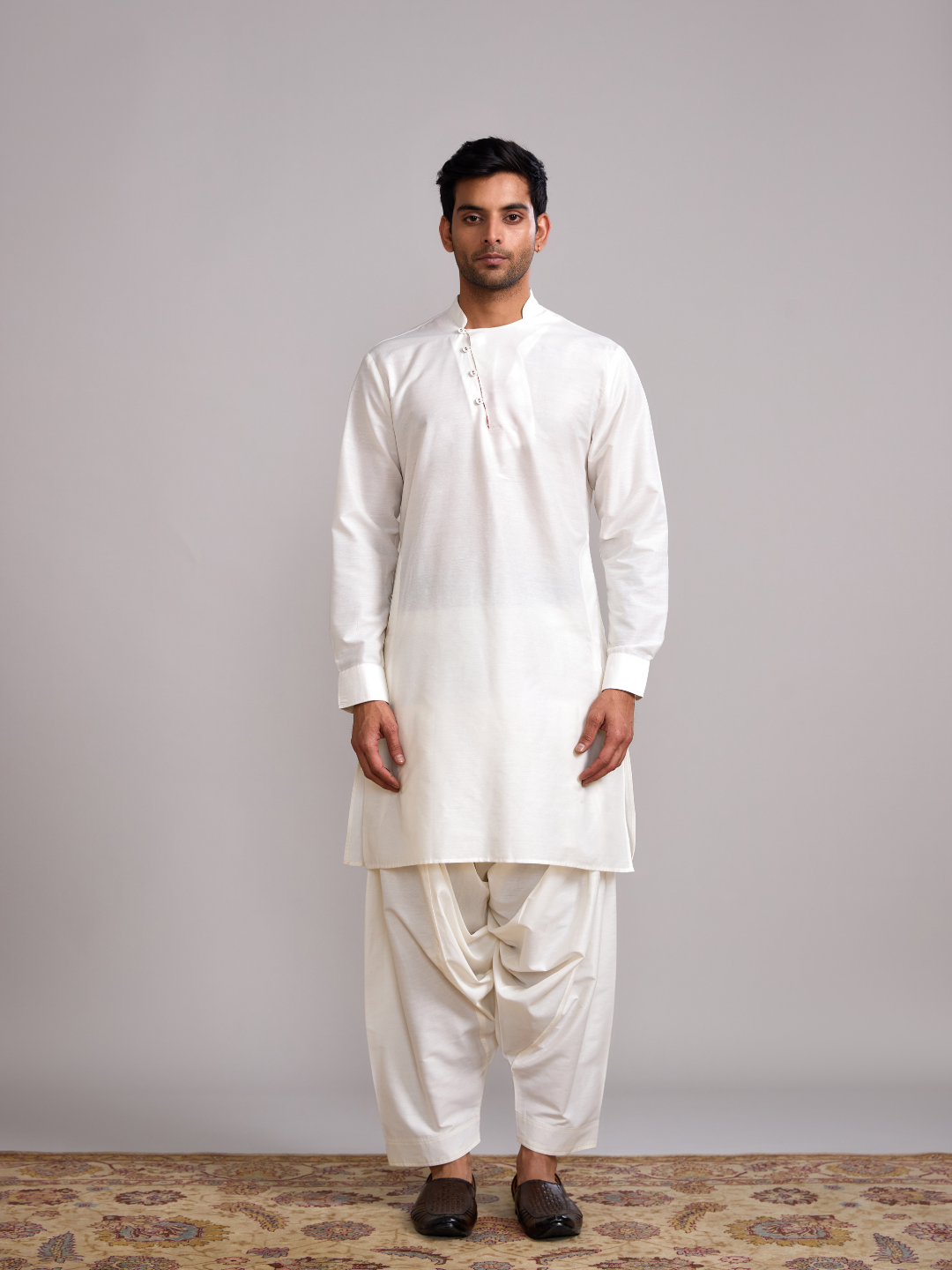 Mandarin collar straight kurta- Ivory