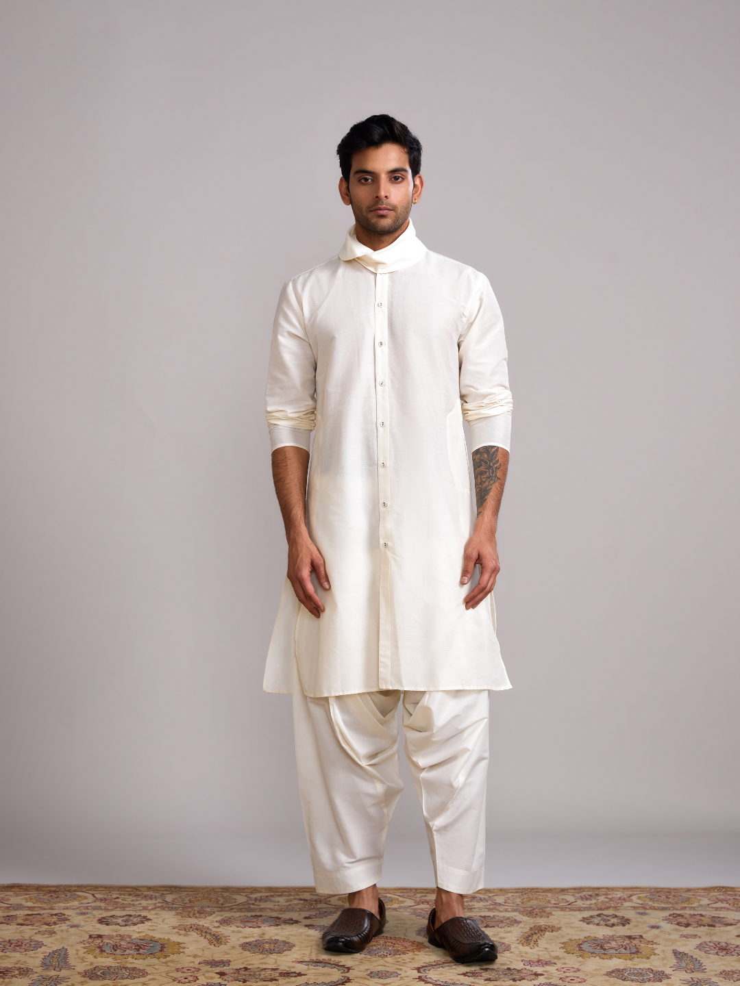 Cowl neck straight kurta- Ivory