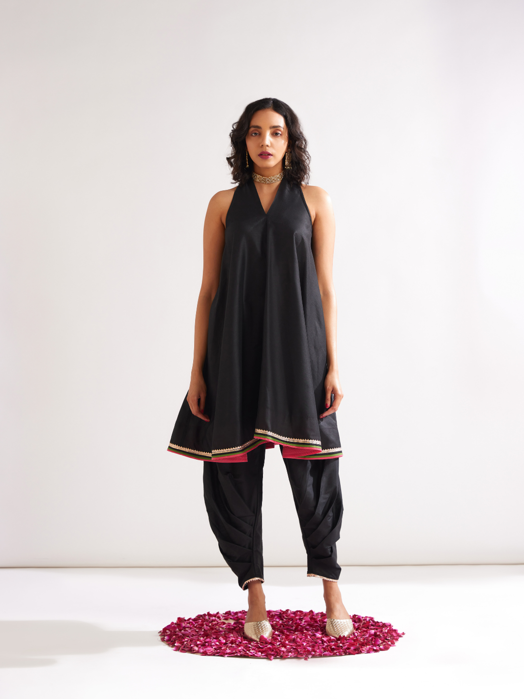 Back overlap halter neck kurta paired with side pleated pants along with dupatta- Rich Black