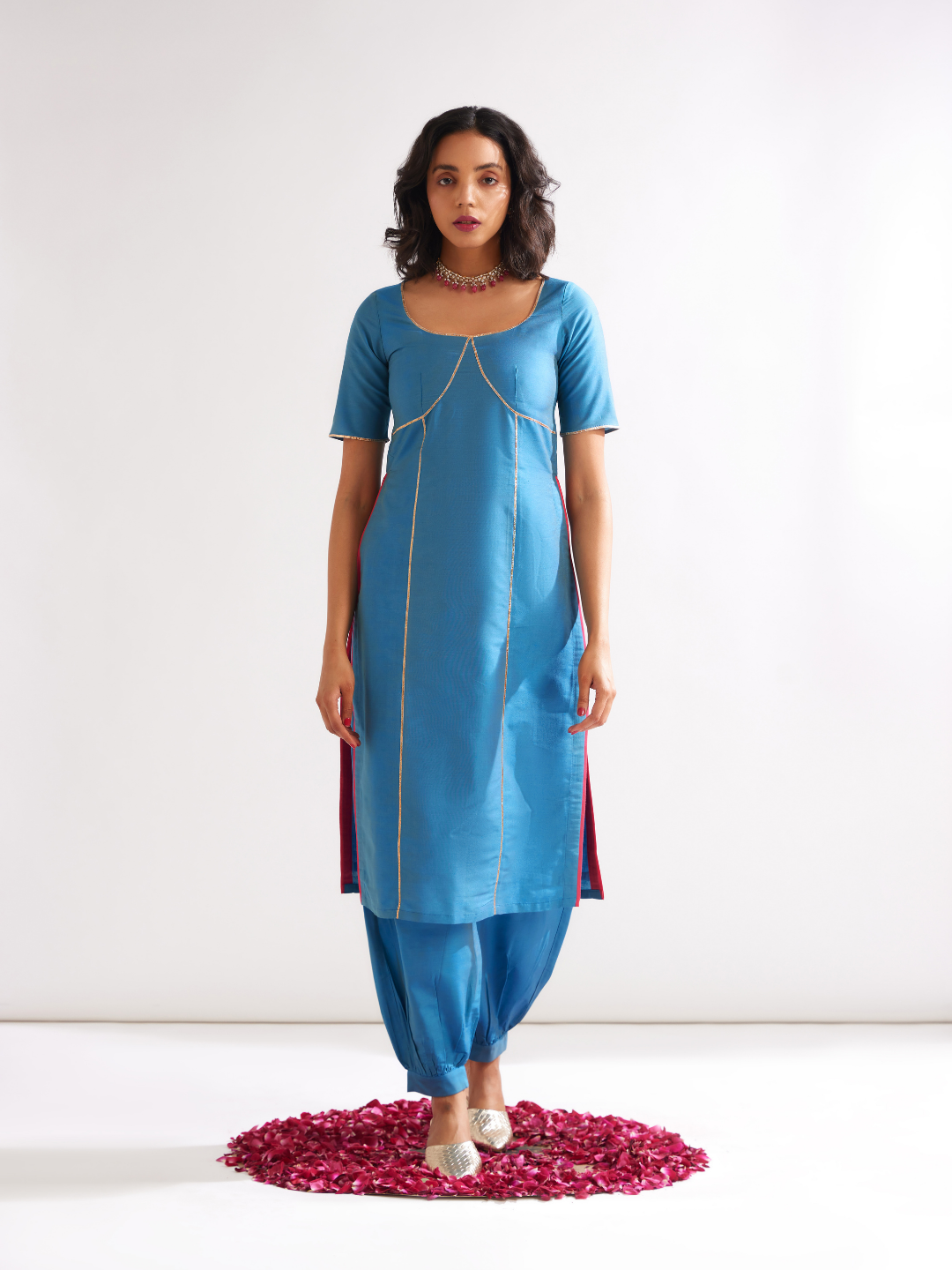 Scoop neckline kurta outlined with gota patti paired with pathani pants along with dupatta- Blue moon