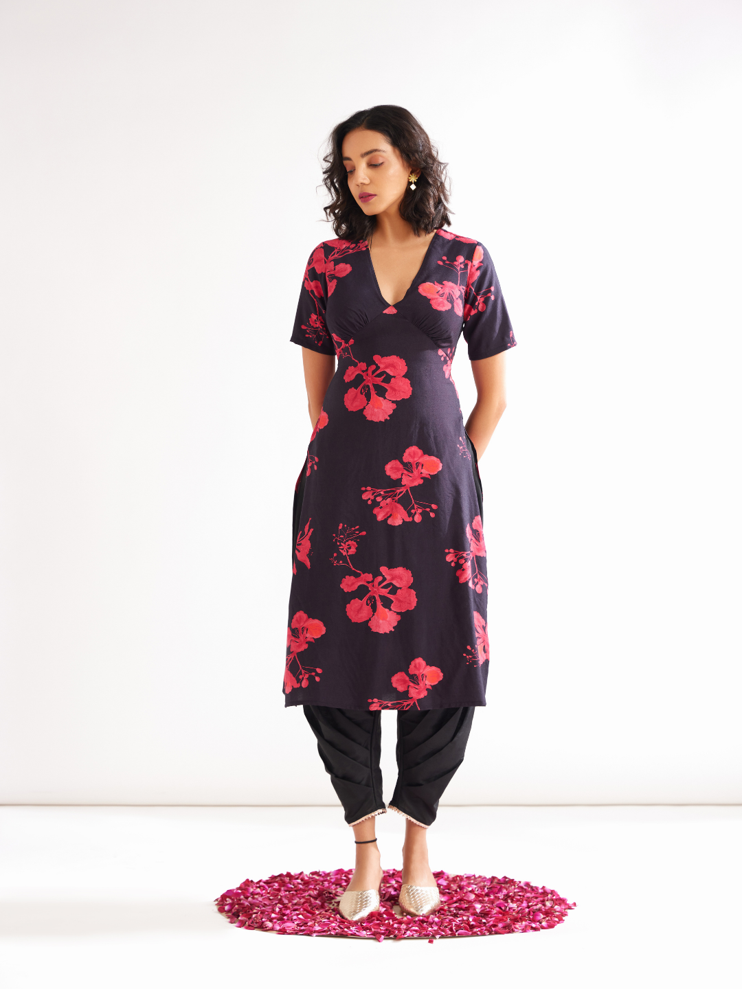 Gulmohar back tie-up kurta Paired with side pleated dhoti along with dupatta- Rich black