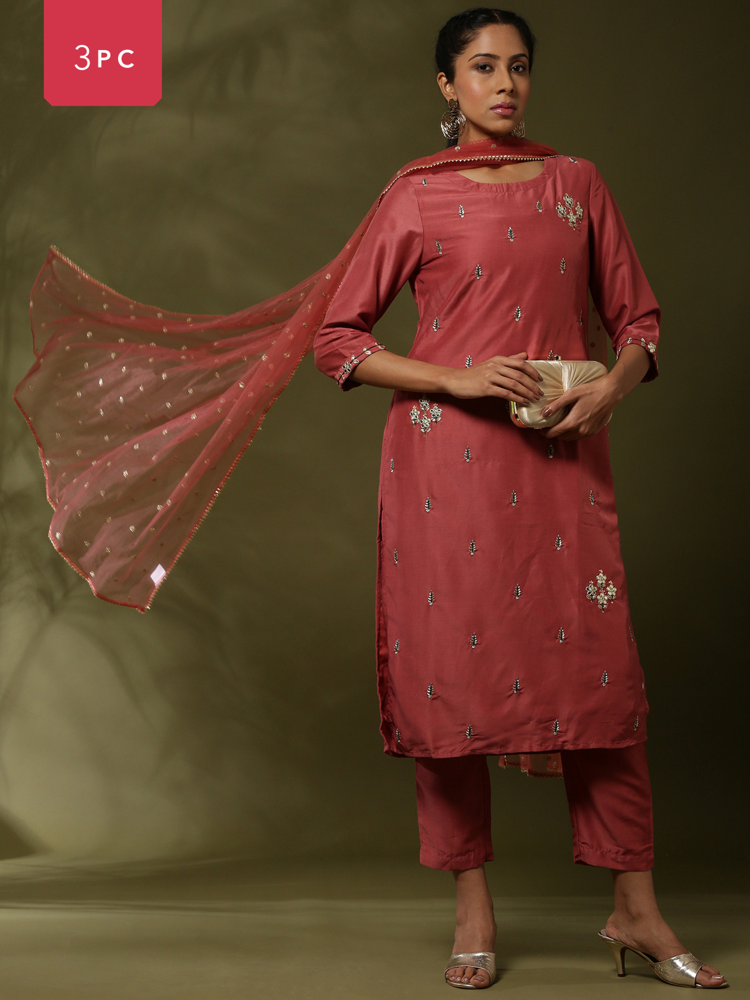 Embroidered straight kurta with solid straight pants and embroidered net dupatta-rose pink