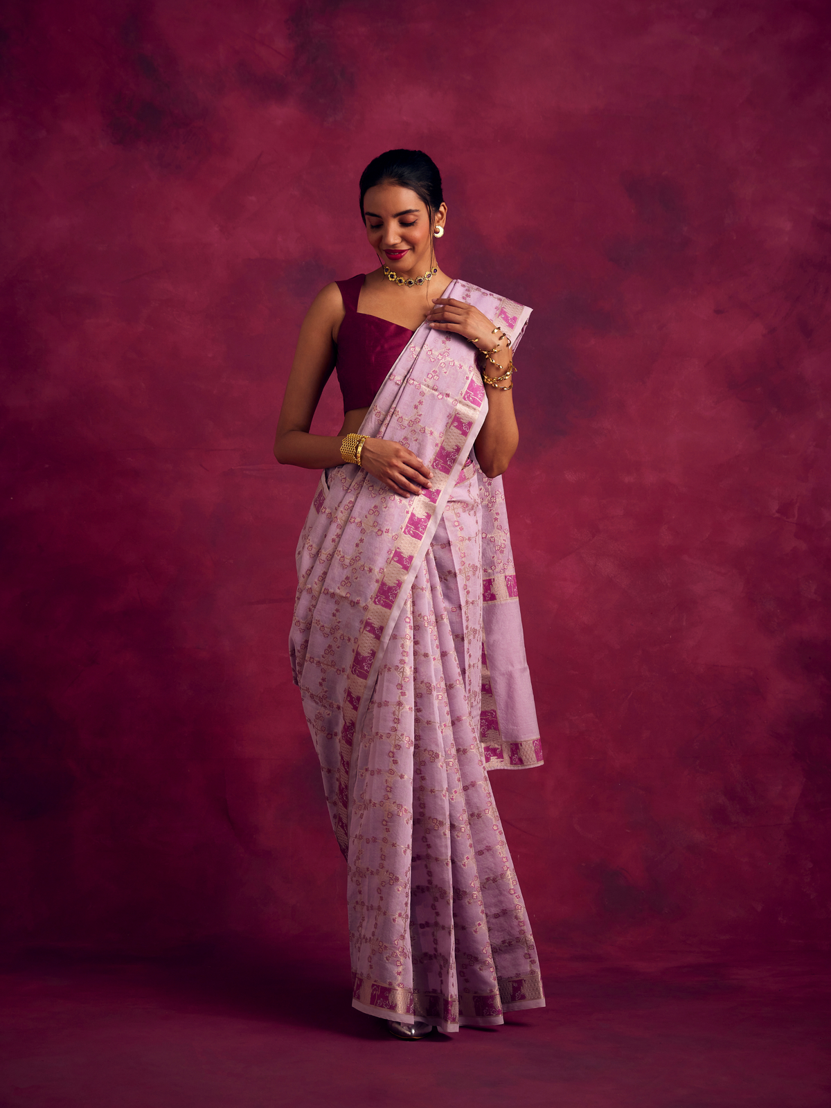 Banarasi sakura checks woven zari saree-Lavender