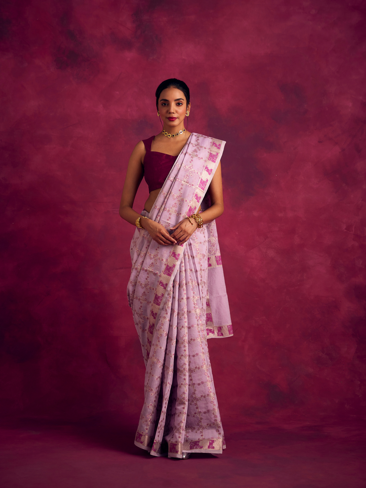 Banarasi sakura checks woven zari saree-Lavender