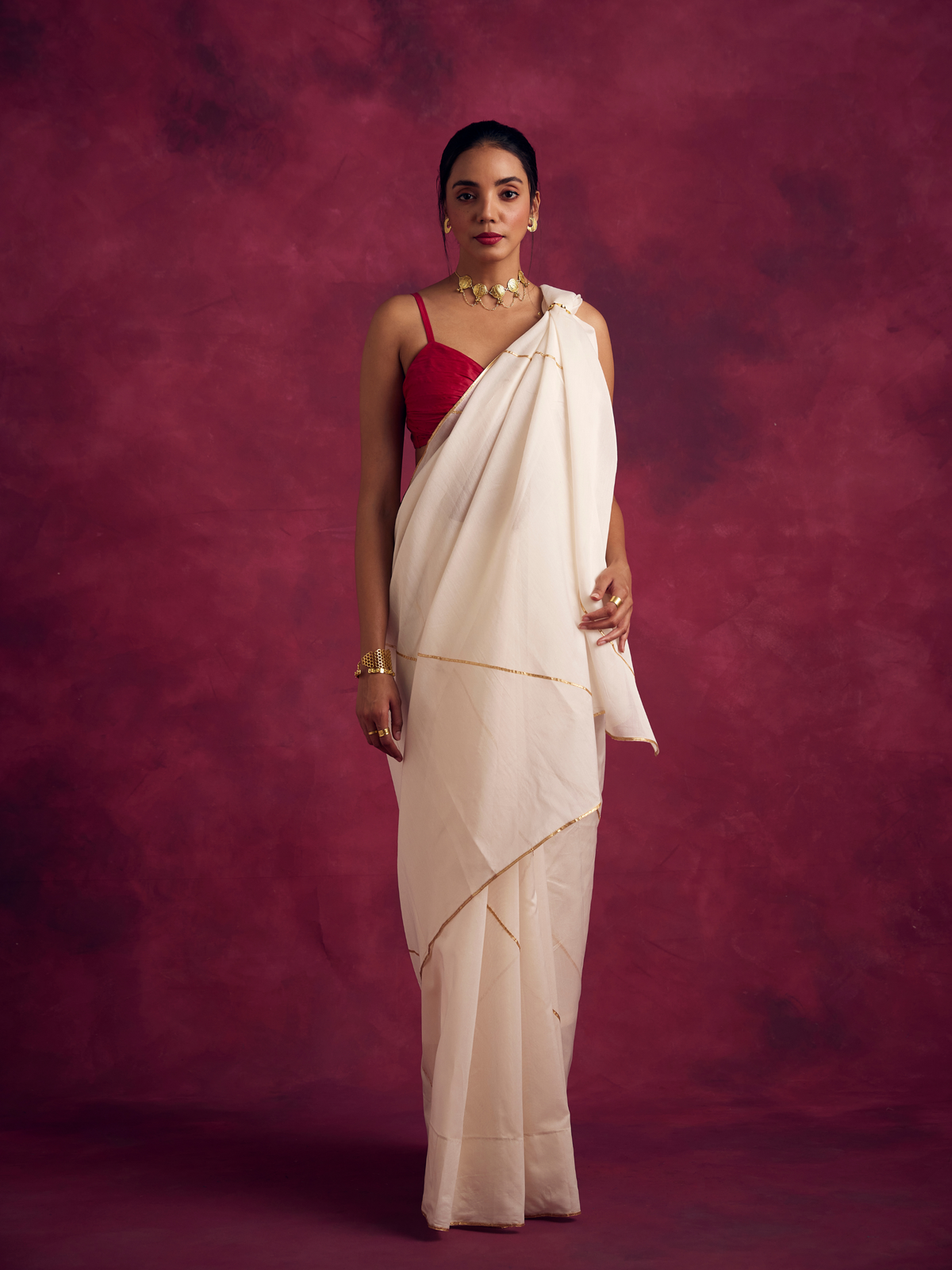 Semi Chinia Silk saree with gota patti highlights-Ivory