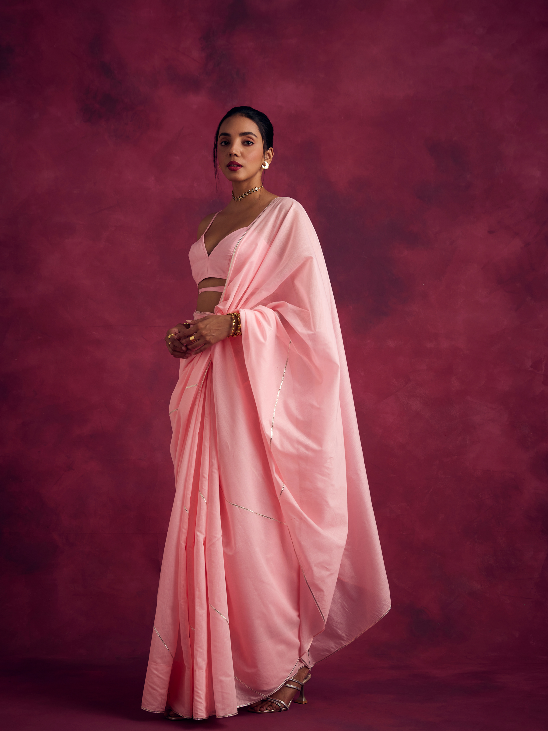 Semi Chinia Silk saree with gota patti highlights-Sakura pink