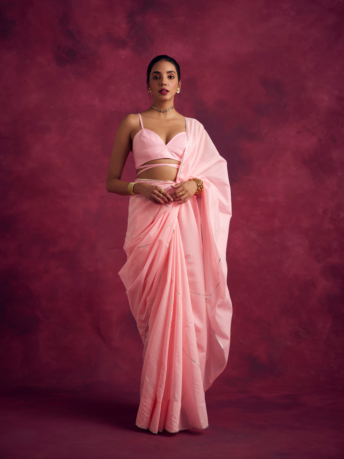 Semi Chinia Silk saree with gota patti highlights-Sakura pink
