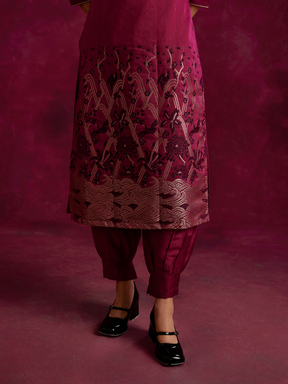 Adjustable back cut-out kurta with zari work hem paired with pathani pants- Cabaret pink