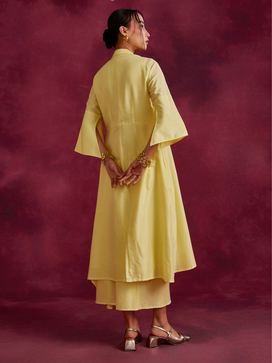 Pleated drape top & skirt co-ord set layered with flared jacket- Lemon yellow