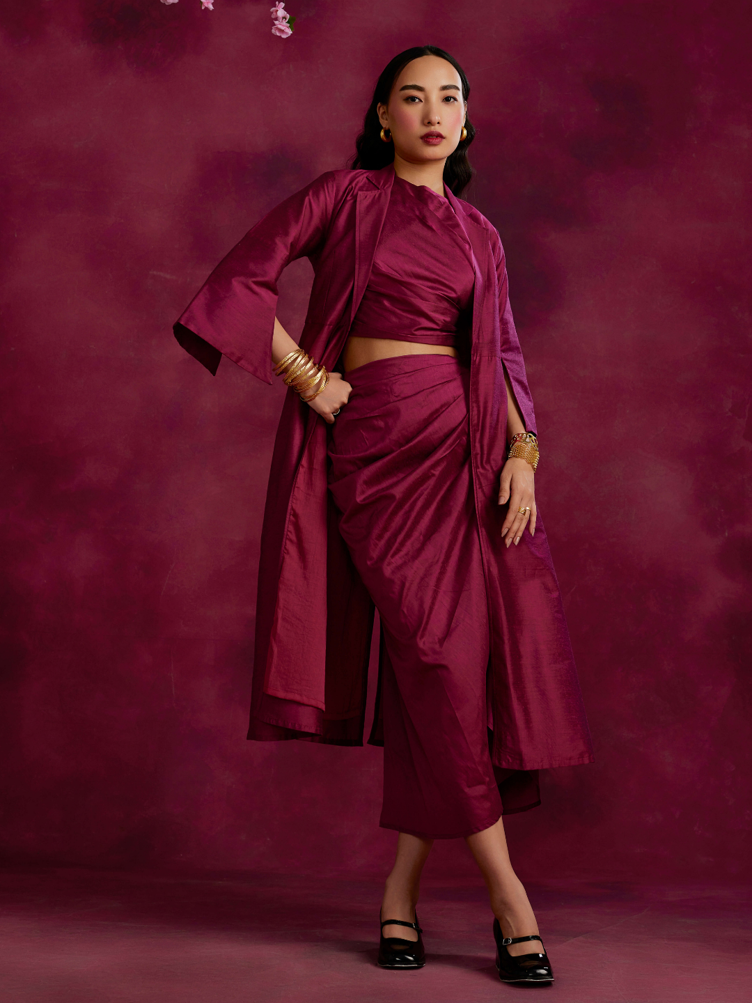 Pleated drape top & skirt co-ord set layered with flared jacket- Cabaret pink