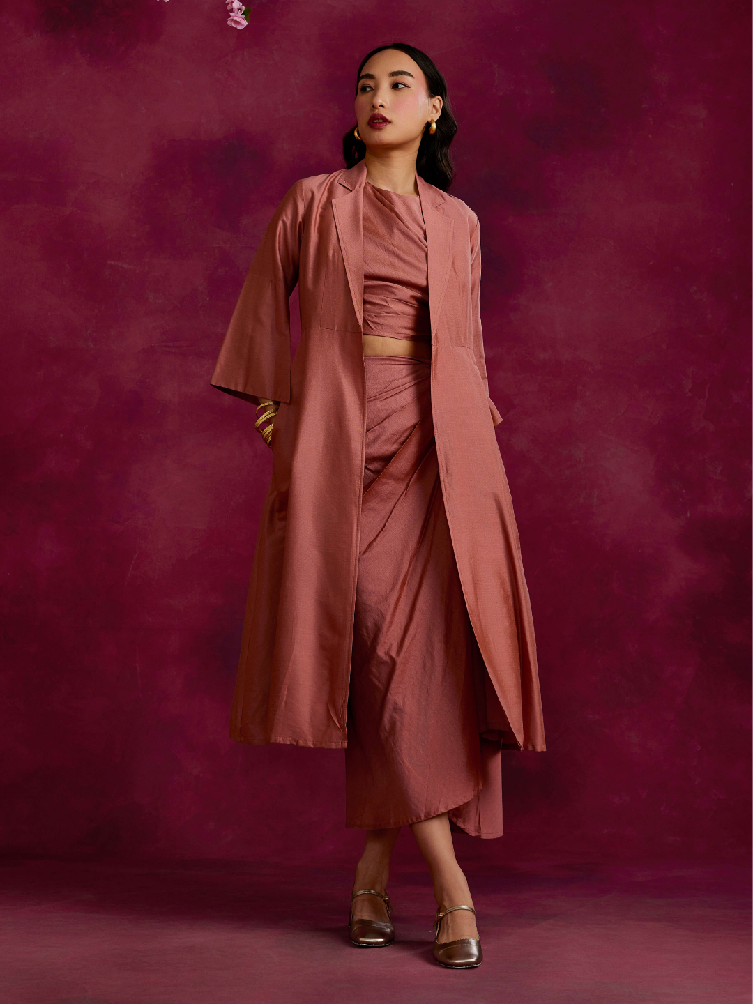 Pleated drape top & skirt co-ord set layered with flared jacket- Rose brown