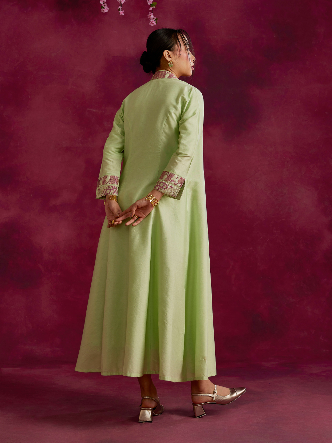 Lapel collared wrap dress with zari border flared jacket- Pistachio green