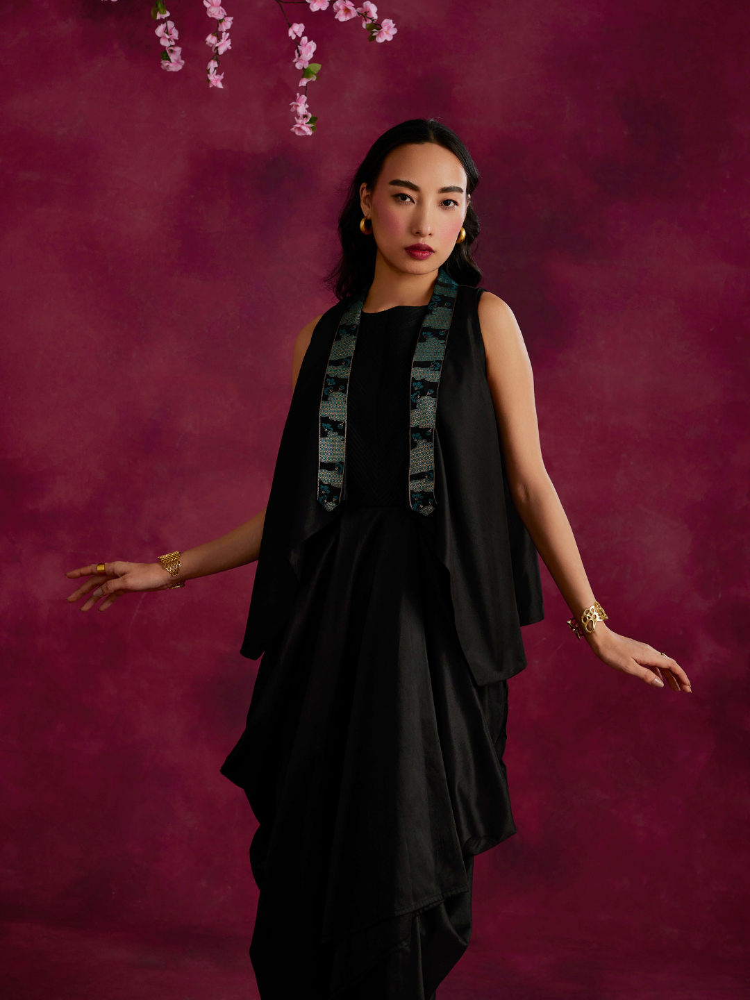 Asymmetrical cowl dress with zari border high-low hem jacket- Black
