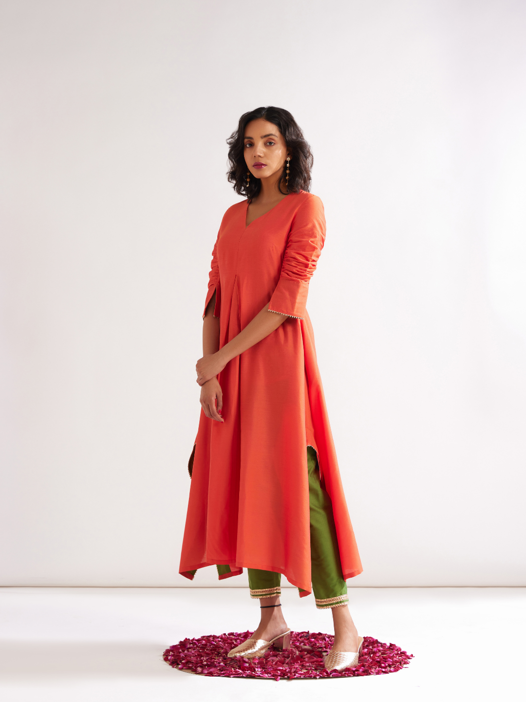 Inverted box pleat flare kurta paired with pegged pants- Spicy Orange