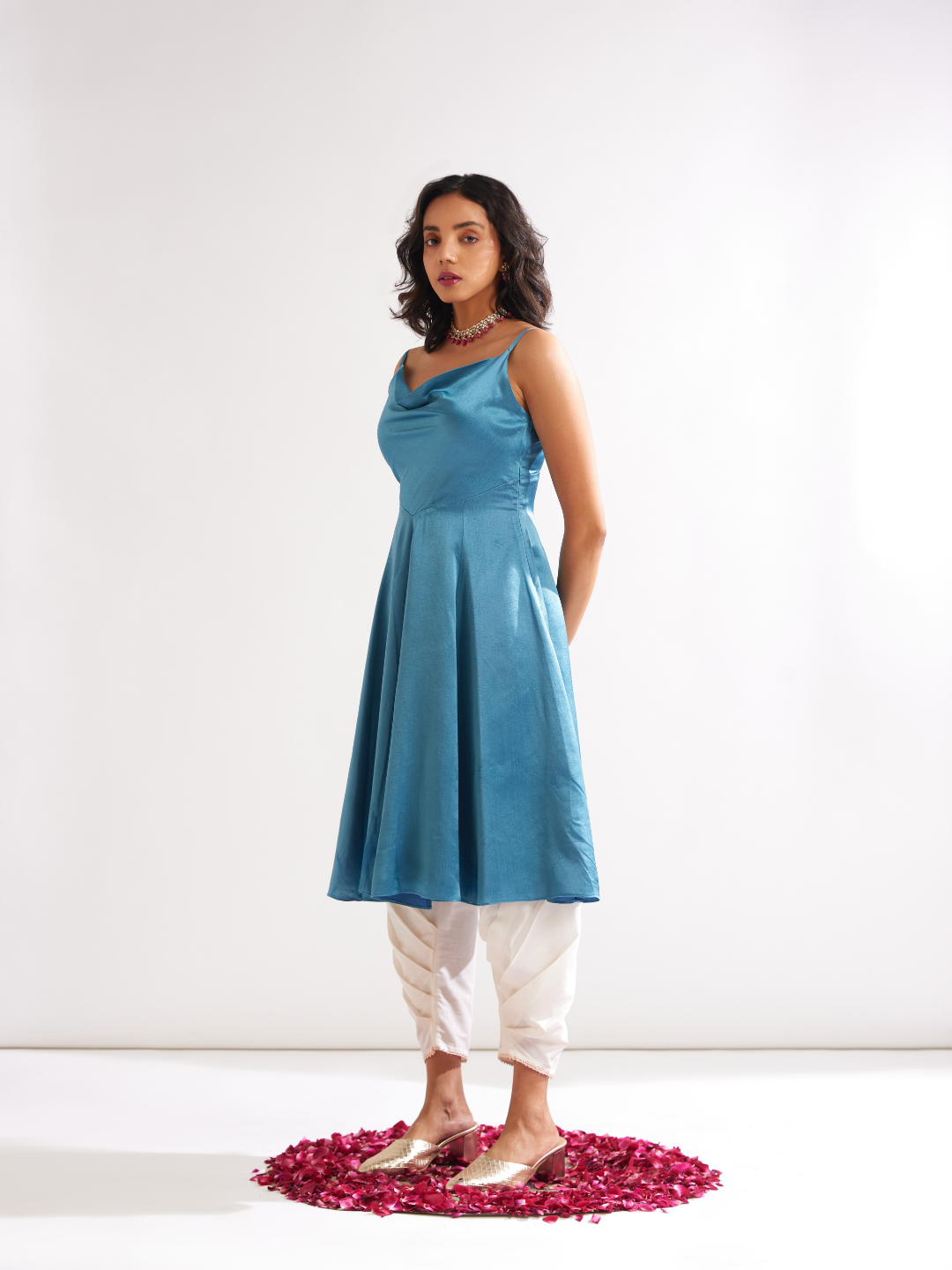 Cowl neck circular panelled kurta with side pleated pants- Blue moon