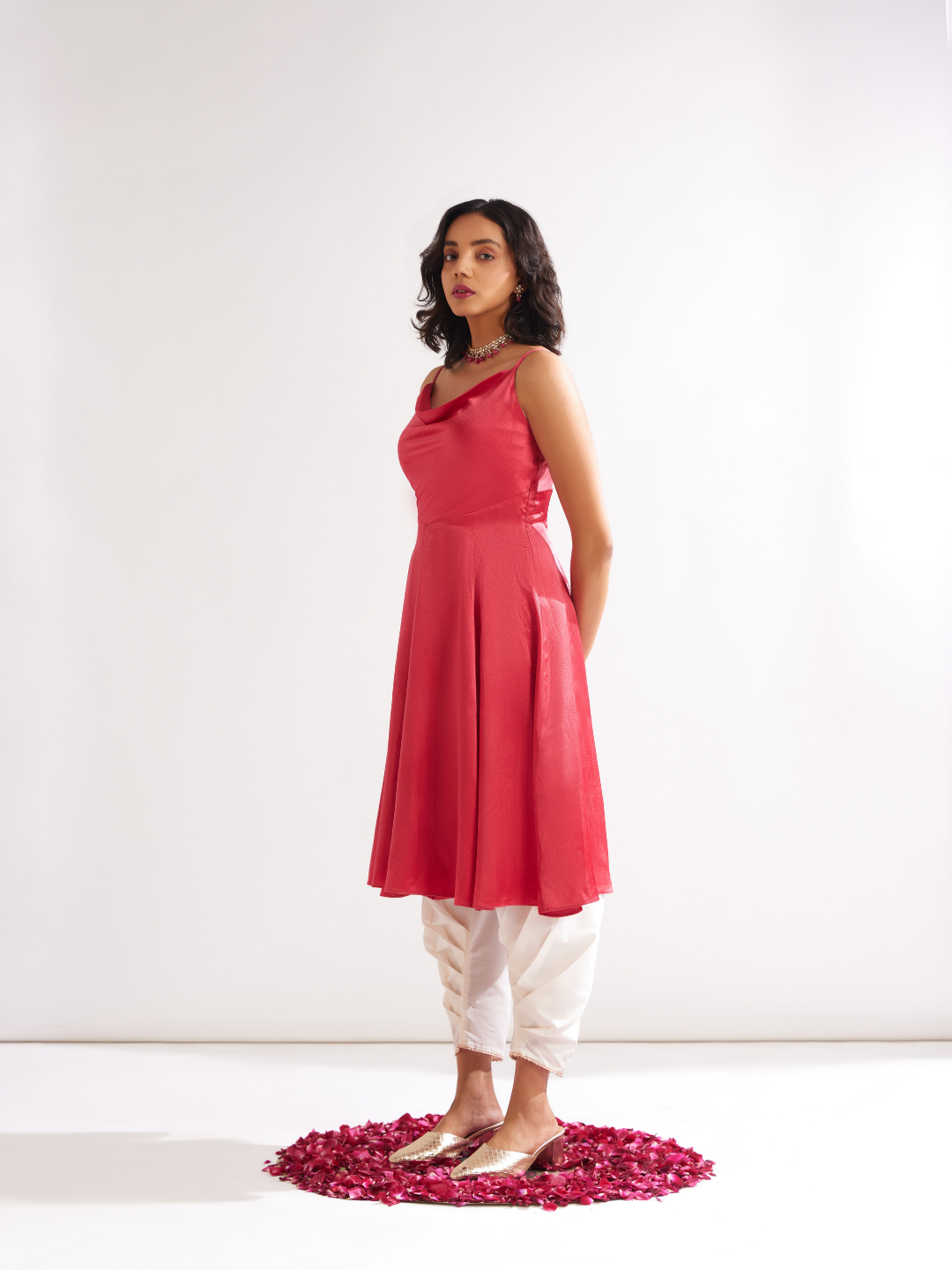 Cowl neck circular panelled kurta with side pleated pants- Raspberry